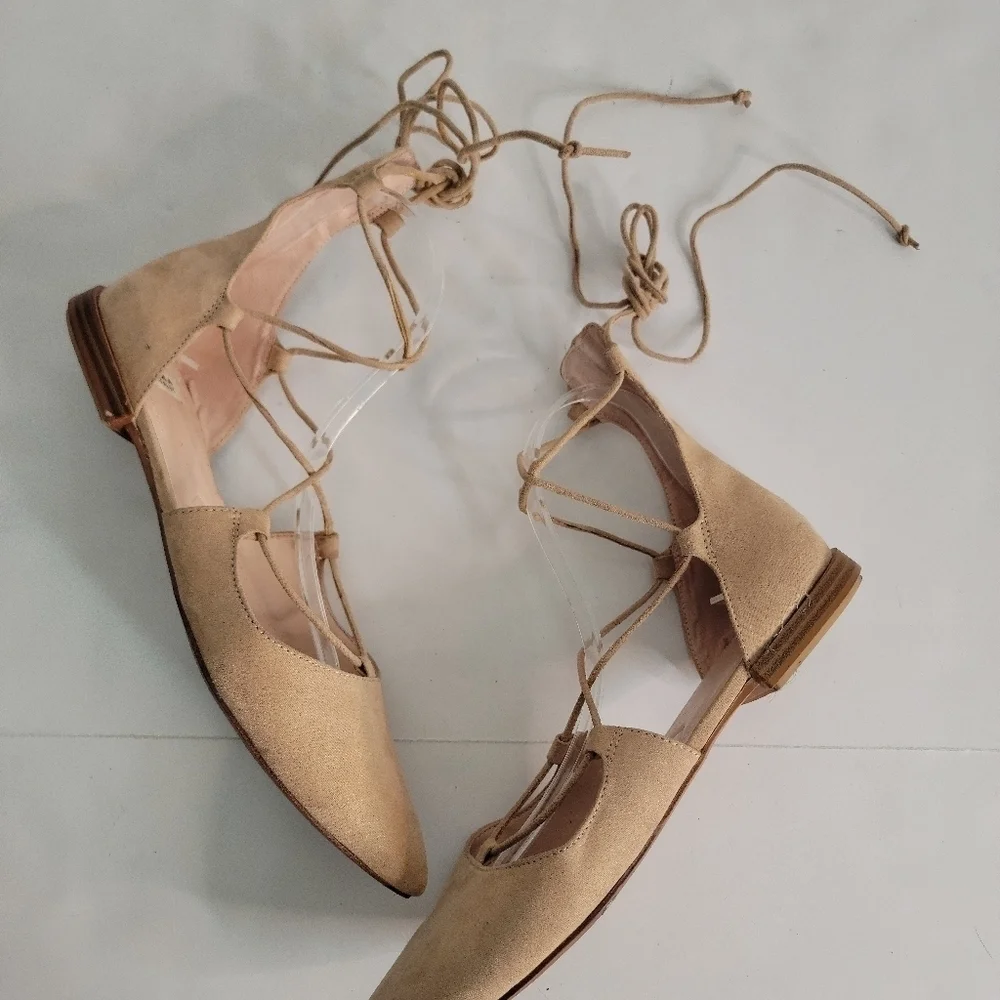 Zara Sz 38 8 Suede Lace Up Pointed Toe Ballet Flats Shoes Tan - Picture 5 of 8